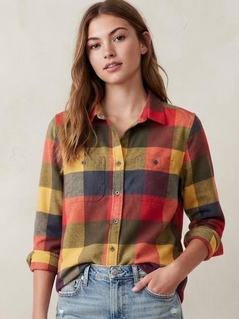 FREE ASSEMBLY Plaid Flannel Shirt Jr XL 14/16 Women’s M 20.5” Red/Yellow/Green